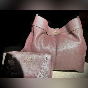 Coach pebble leather Ox blood boho purse & matching wallet with floral detail